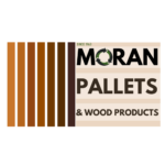 Seven brown pallet deck boards next to text stating Moran Pallets and Wood Products